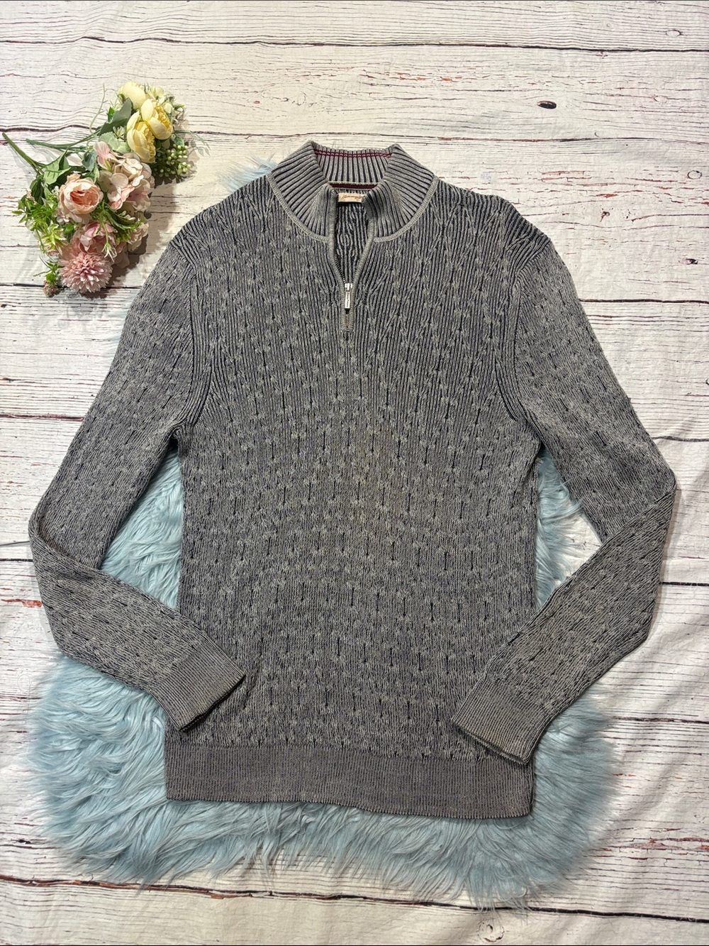 Vintage Tommy Bahama Men’s Cotton Knit Quarter Zip Gray Pullover Sweater